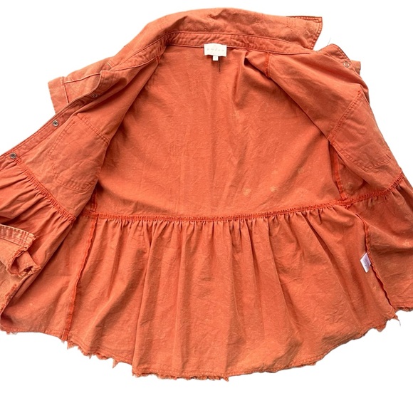 Entro Women’s Sz Small Orange Short Sleeve Button Snap Collared Peplum Denim Top - Picture 8 of 16